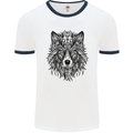 Mandala Tribal Wolf Tattoo Mens White Ringer T-Shirt White/Navy Blue