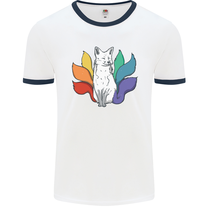 LGBT Kitsune Fox Gay Pride Mens White Ringer T-Shirt White/Navy Blue