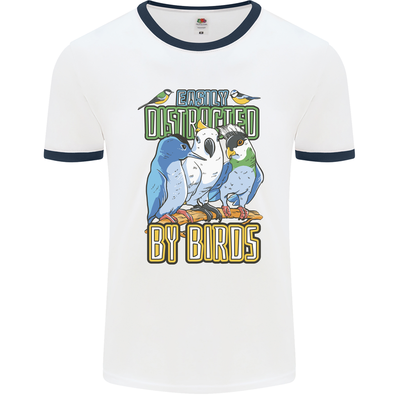 Easily Distracted by Bird Watching Mens White Ringer T-Shirt White/Navy Blue