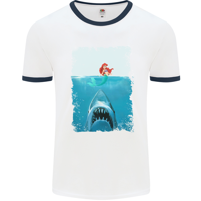 Funny Shark Parody Scuba Diving Fishing Mens White Ringer T-Shirt White/Navy Blue