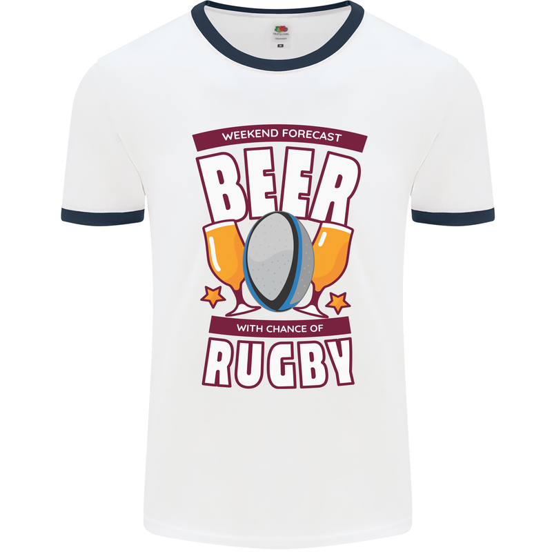 Weekend Forecast Beer Alcohol Rugby Funny Mens White Ringer T-Shirt White/Navy Blue