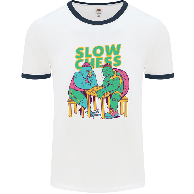 Slow Chess Funny Tortoise & Cock Mens White Ringer T-Shirt White/Navy Blue