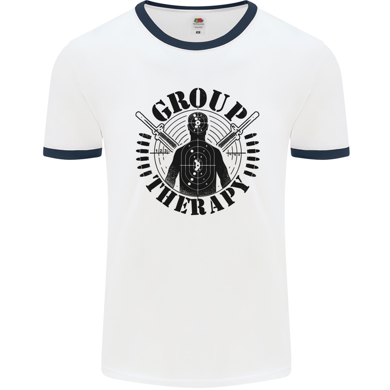 Group Therapy Shooting Hunting Rifle Funny Mens White Ringer T-Shirt White/Navy Blue