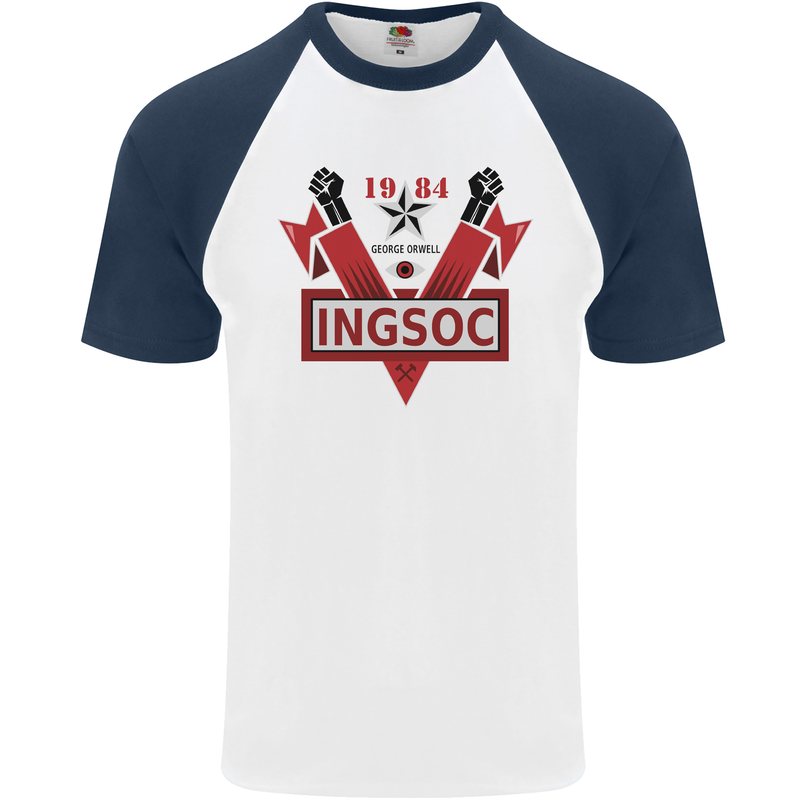INGSOC George Orwell English Socialism 1994 Mens S/S Baseball T-Shirt White/Navy Blue