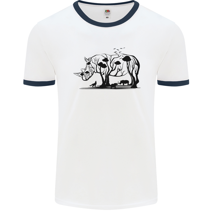 Rhino Ecology Rhinoceroses Mens White Ringer T-Shirt White/Navy Blue