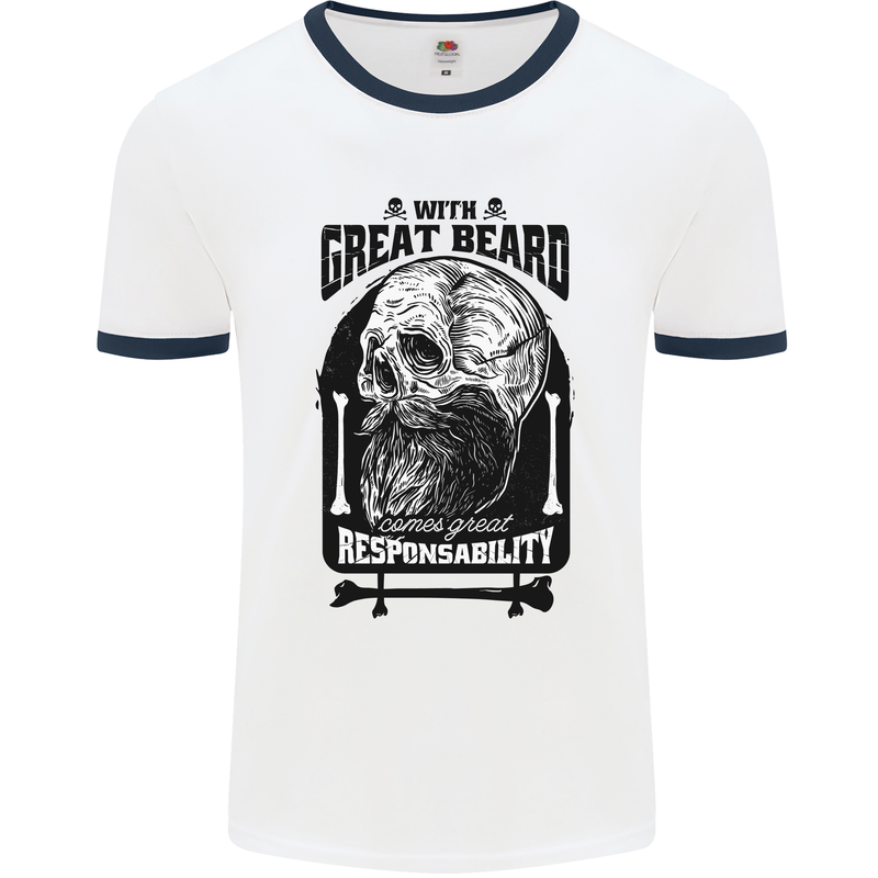 Great Beard Comes Great Responsibility Skull Mens White Ringer T-Shirt White/Navy Blue