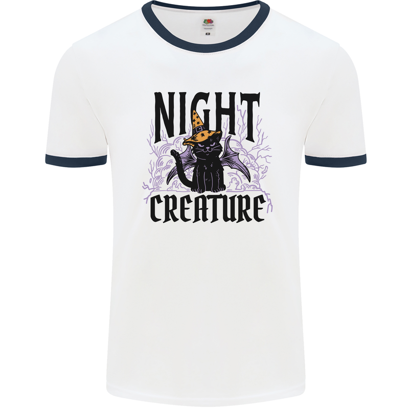 Halloween Cat Night Creature Witch Mens White Ringer T-Shirt White/Navy Blue