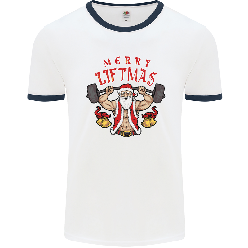 Merry Liftmas Mens White Ringer T-Shirt White/Navy Blue