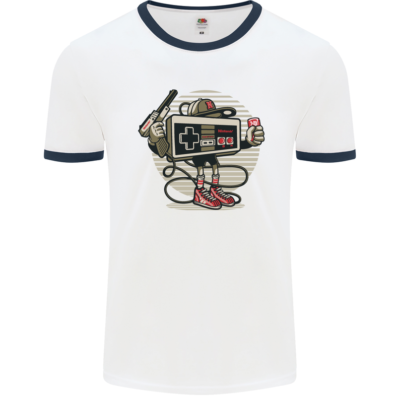 Let's Play Funny Gamer Gaming Mens White Ringer T-Shirt White/Navy Blue