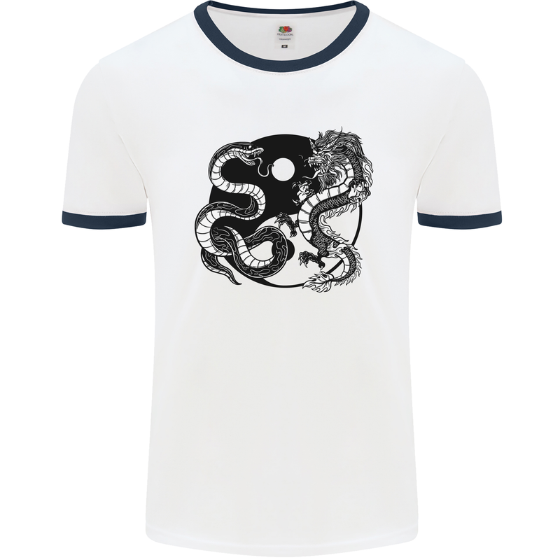 Yin Yang Dragons Japan Japanese Mens White Ringer T-Shirt White/Navy Blue