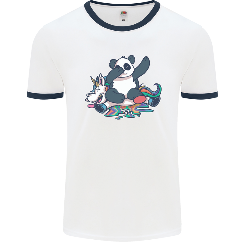 Dabbing Panda Squashing a Unicorn Funny Mens White Ringer T-Shirt White/Navy Blue