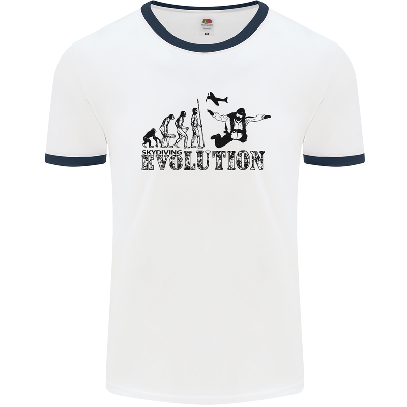 Evolution of a Skydiver Funny Skydiving Mens White Ringer T-Shirt White/Navy Blue