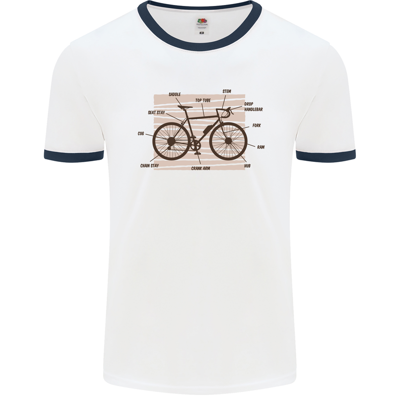 Bicycle Anatomy Funny Cycling Cyclist Funny Mens White Ringer T-Shirt White/Navy Blue