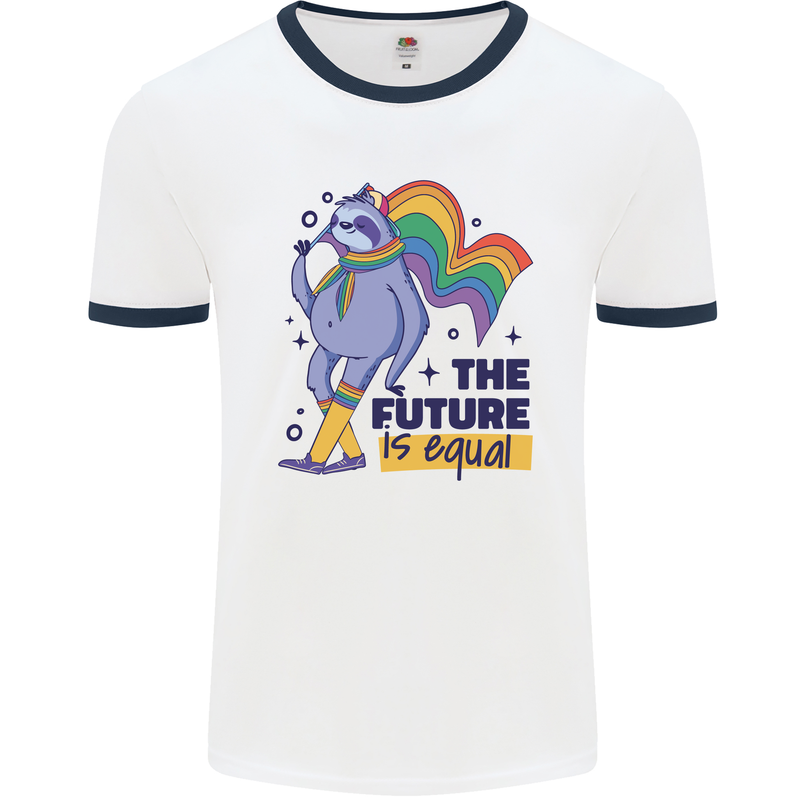 LGBT Sloth The Future Is Equal Gay Pride Mens White Ringer T-Shirt White/Navy Blue