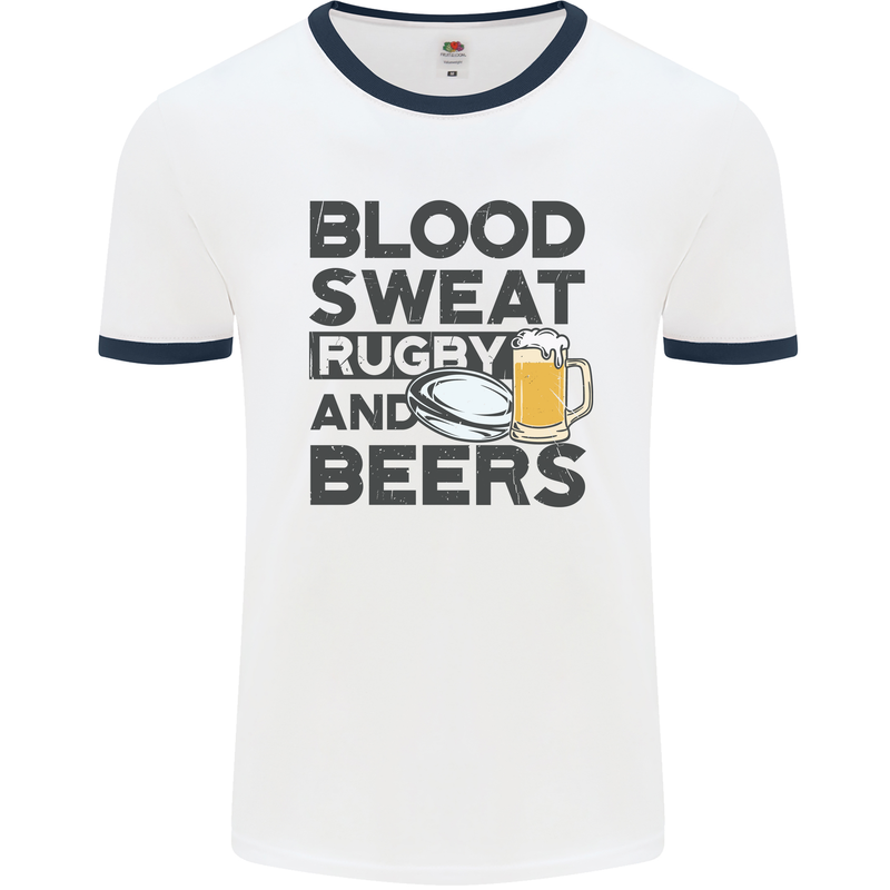 Blood Sweat Rugby and Beers Funny Mens White Ringer T-Shirt White/Navy Blue