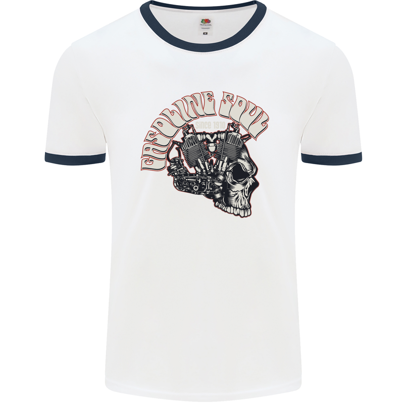 Gasoline Soul Biker Skull Motorbike Chopper Mens White Ringer T-Shirt White/Navy Blue