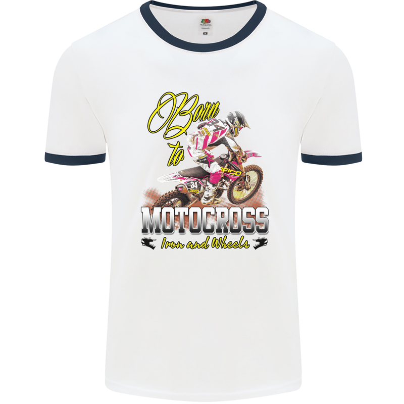 Born to Motocross Dirt Bike Mens White Ringer T-Shirt White/Navy Blue