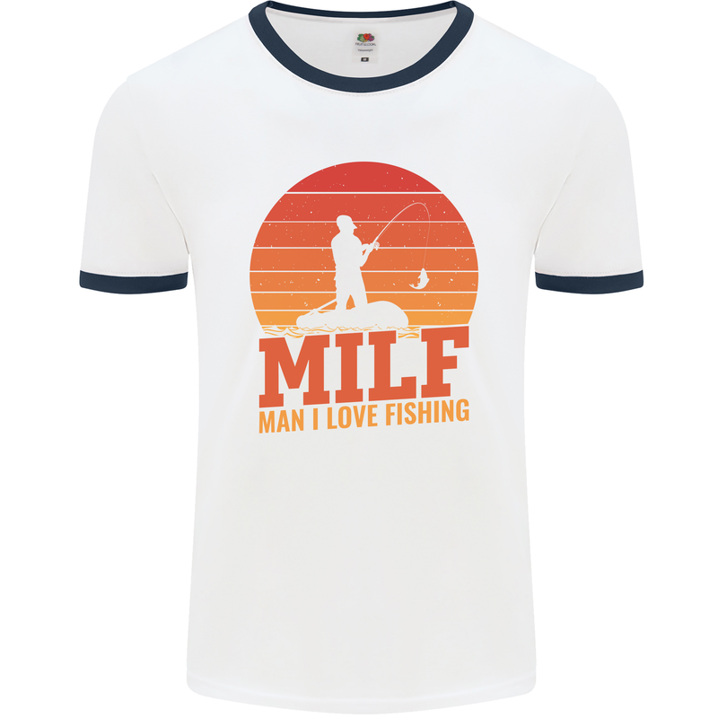 MILF Fishing Funny Fisherman Father's Day Mens White Ringer T-Shirt White/Navy Blue