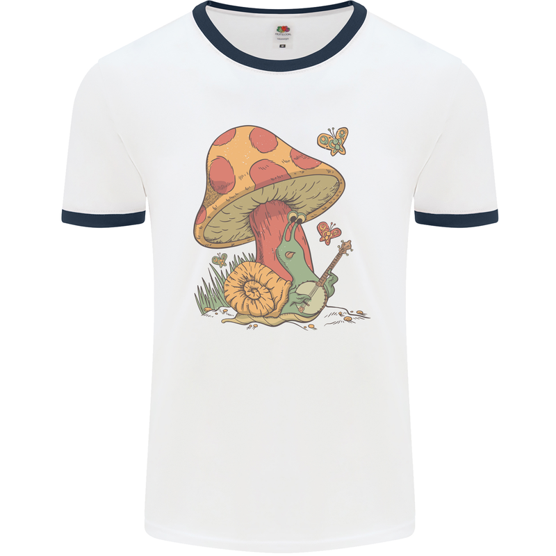 Snail Playing Guitar Rock Music Guitarist Mens White Ringer T-Shirt White/Navy Blue