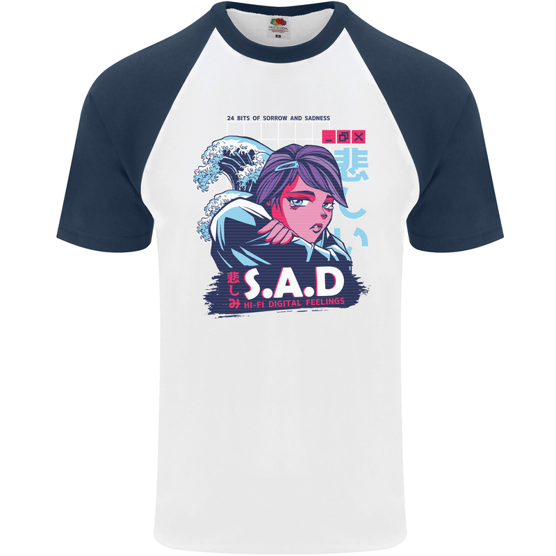 Music Vaporwave Anime Girl Emo SAD Mens S/S Baseball T-Shirt White/Navy Blue