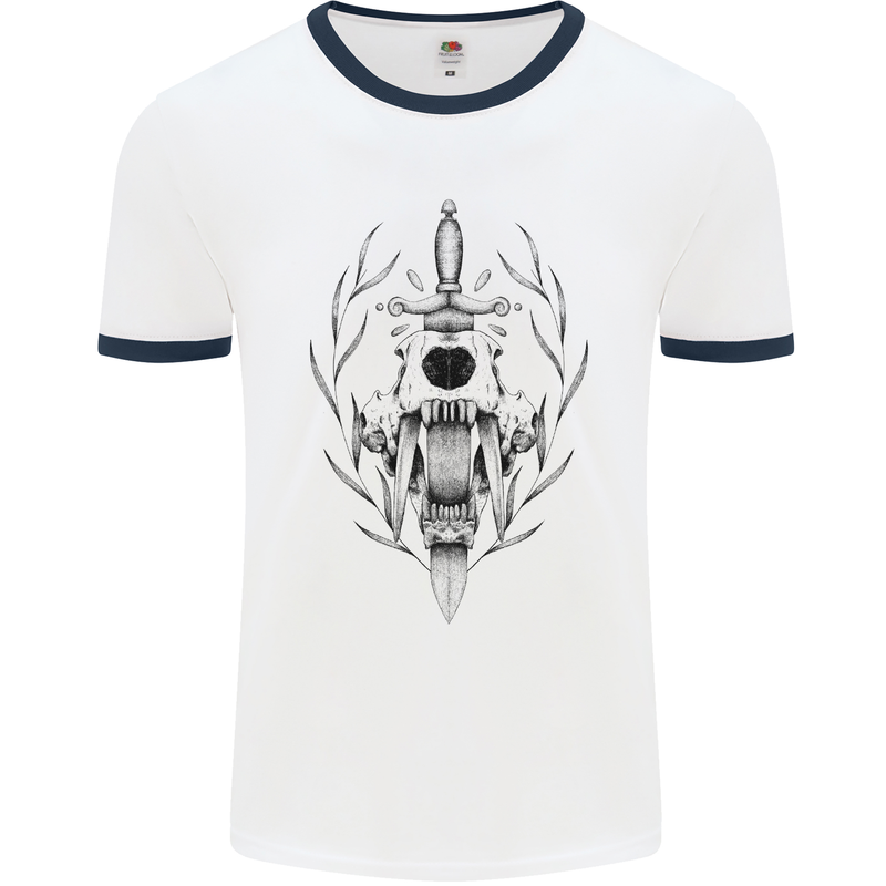 Sabre Tooth Tiger Skull Sword Mens White Ringer T-Shirt White/Navy Blue