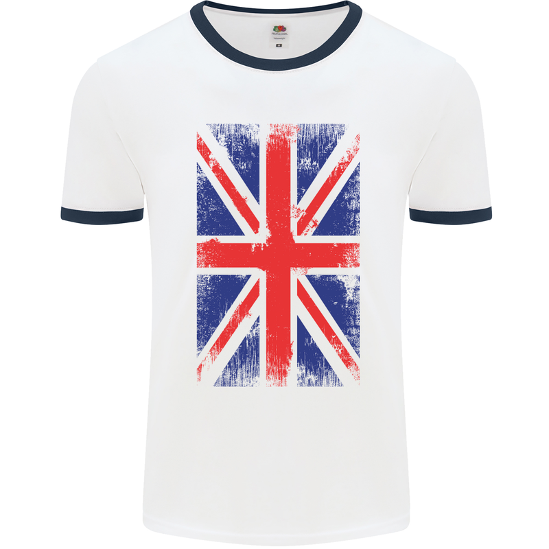 Union Jack British Flag Great Britain Mens White Ringer T-Shirt White/Navy Blue
