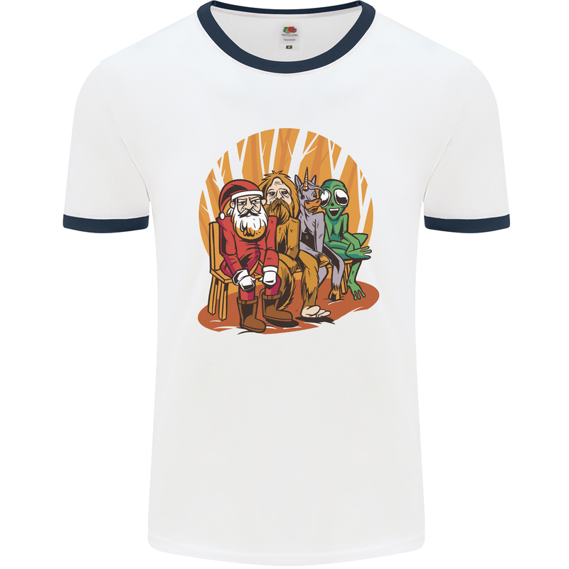 Christmas Santa Claus Bigfoot Unicorn Alien Mens White Ringer T-Shirt White/Navy Blue