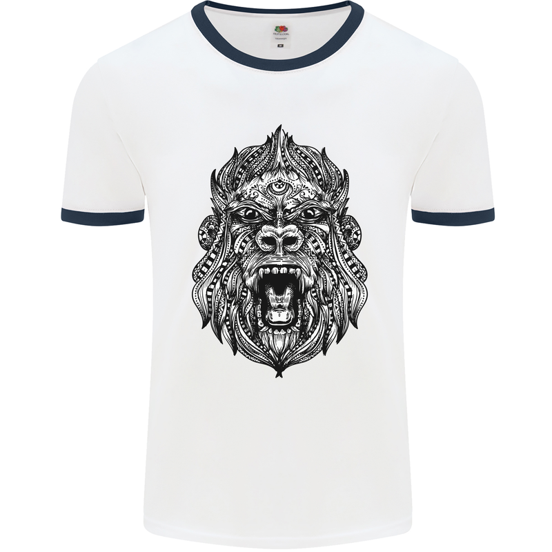 Ape Mandala Art Mens White Ringer T-Shirt White/Navy Blue