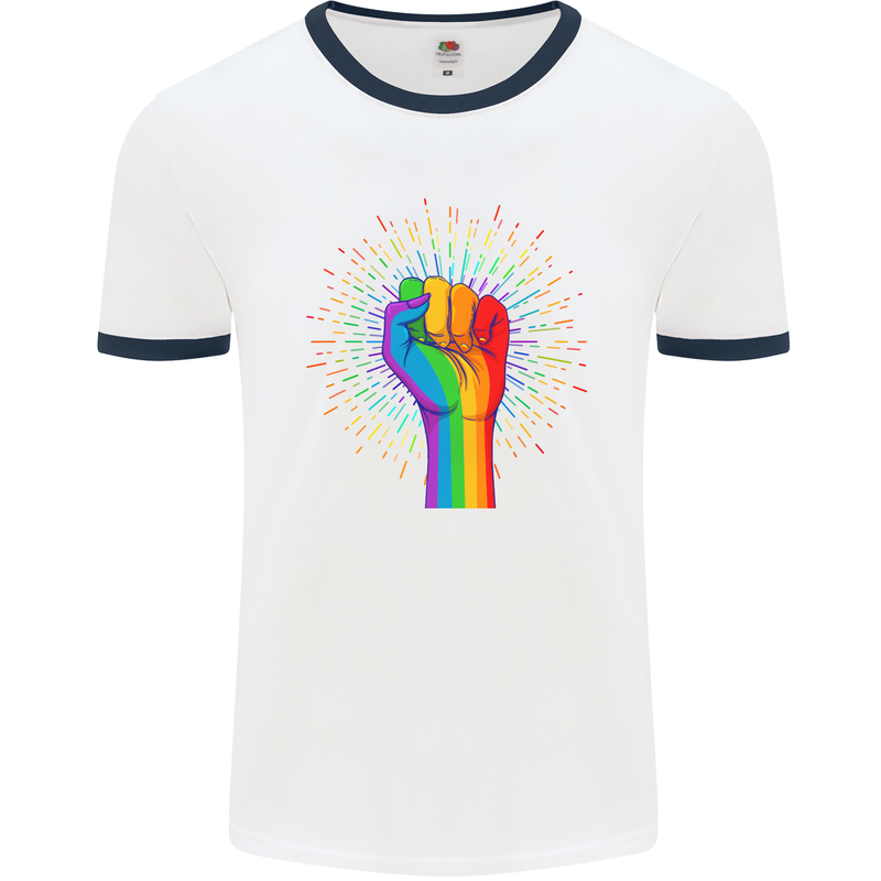 LGBT Fist Gay Pride Day Awareness Mens White Ringer T-Shirt White/Navy Blue