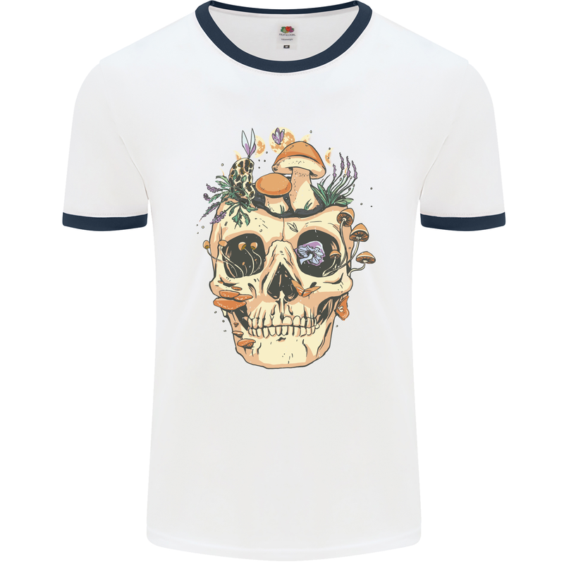 Mushroom Skull Nature Ecology Toadstool Mens White Ringer T-Shirt White/Navy Blue