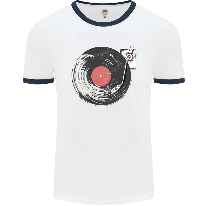 Distressed Vinyl Turntable DJ DJing Mens White Ringer T-Shirt White/Navy Blue