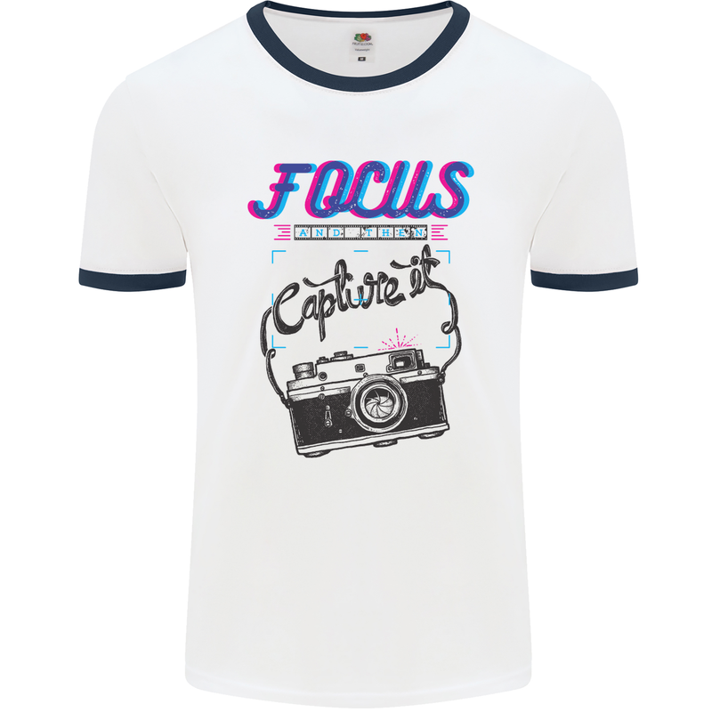 Focus and Then Capture It Photography Mens White Ringer T-Shirt White/Navy Blue