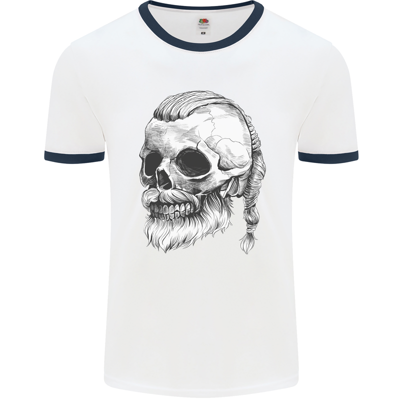 A Viking Skull Mens Ringer T-Shirt White/Navy Blue