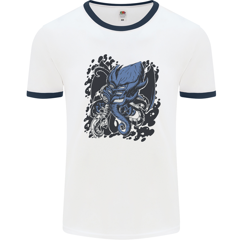 Cyberpunk Cthulhu Kraken Octopus Mens White Ringer T-Shirt White/Navy Blue