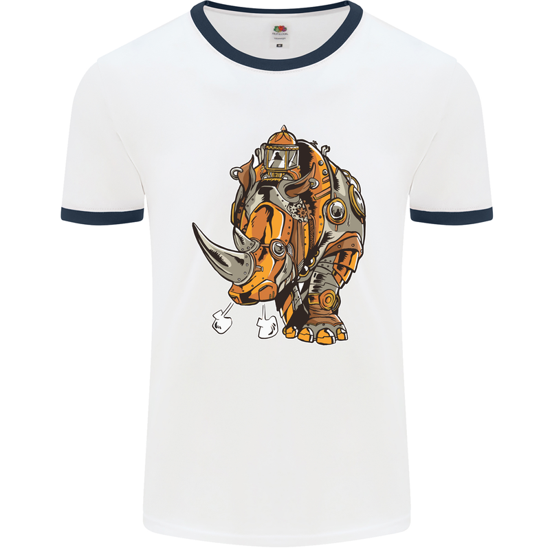 Steampunk Rhino Rhinoceros Mens White Ringer T-Shirt White/Navy Blue