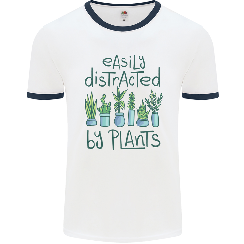 Easily Distracted by Plants Botanist Funny Mens White Ringer T-Shirt White/Navy Blue