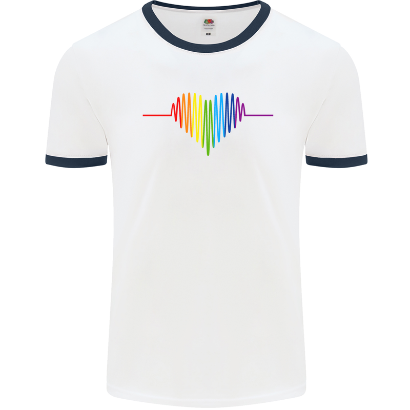 LGBT Gay Pulse Heart Gay Pride Awareness Mens White Ringer T-Shirt White/Navy Blue