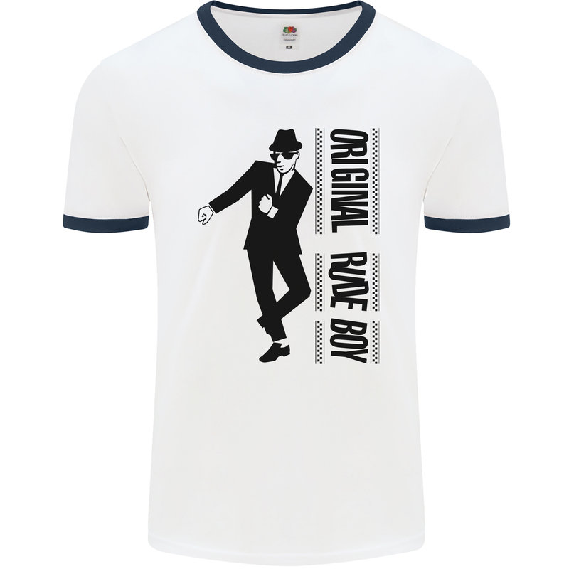 Original Rude Boy 2Tone 2 Tone SKA Mens White Ringer T-Shirt White/Navy Blue