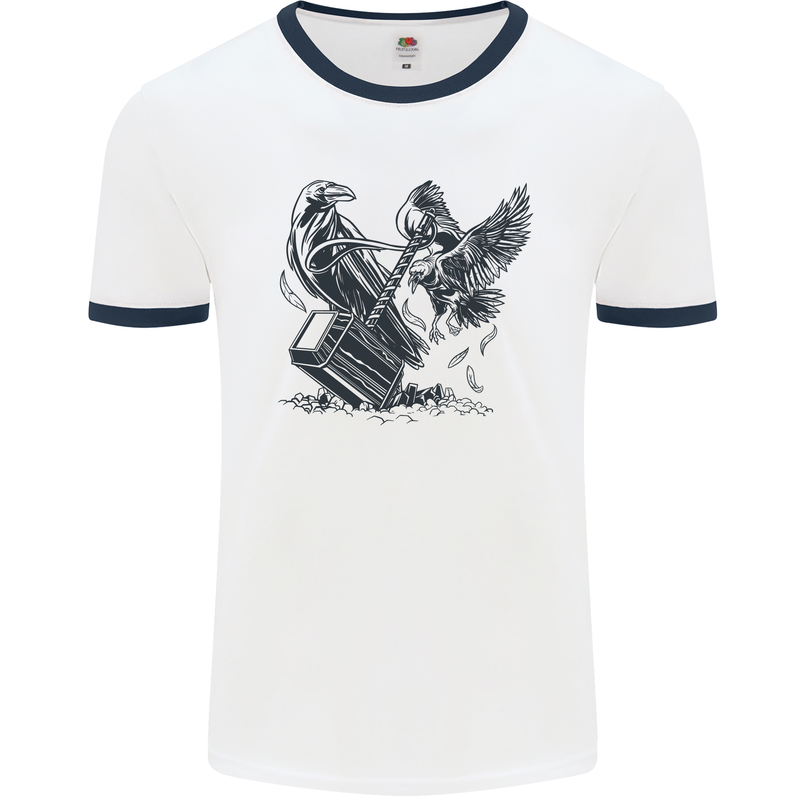Hammer and Raven Vikings Mens Ringer T-Shirt White/Navy Blue