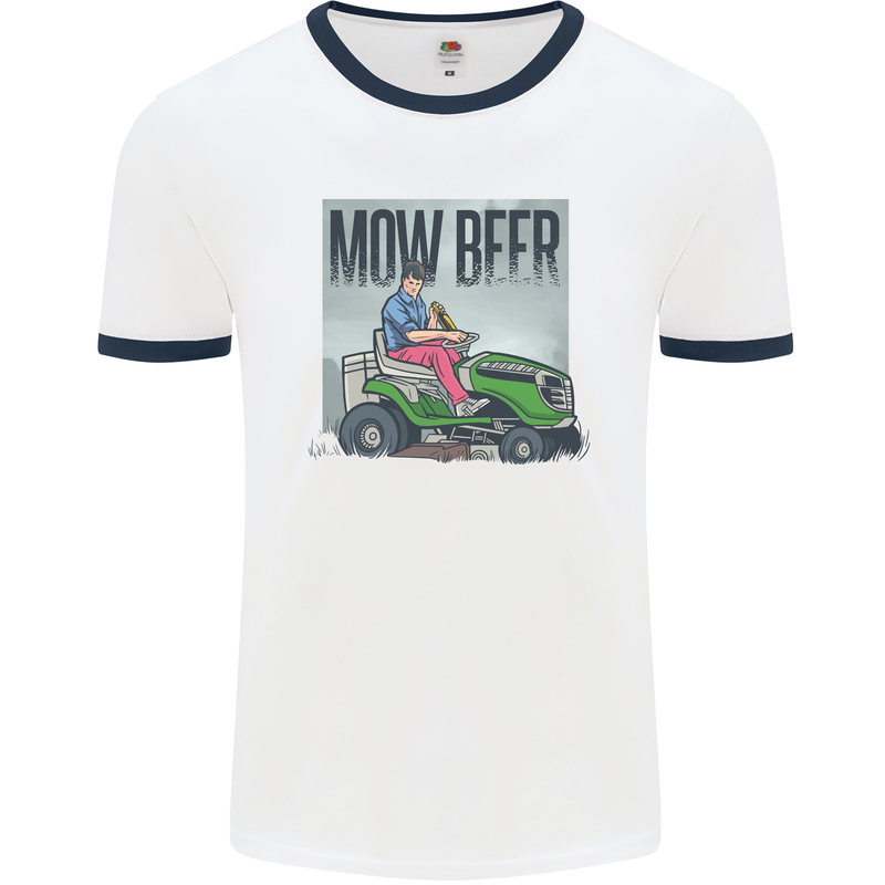 Mow Beer Funny Lawnmower Alcohol Gardening Mens Ringer T-Shirt White/Navy Blue
