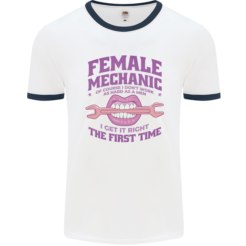 Funny Female Mechanic Mens White Ringer T-Shirt White/Navy Blue