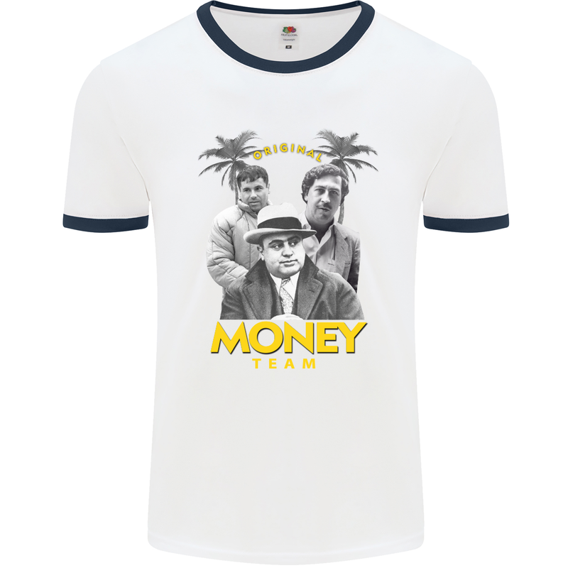 Money Team Pablo Escobar El Chapo Al Capone Mens White Ringer T-Shirt White/Navy Blue