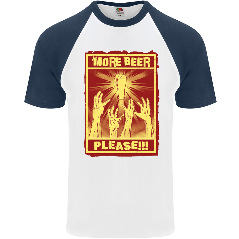 Zombies More Beer Please Funny Alcohol Mens S/S Baseball T-Shirt White/Navy Blue