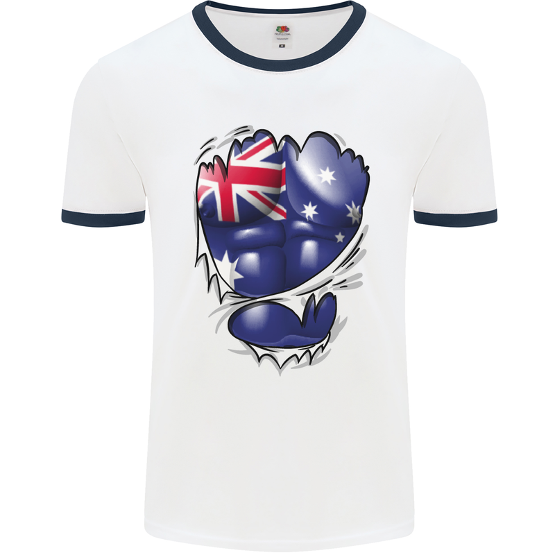 Gym Australian Flag Muscles Australia Mens White Ringer T-Shirt White/Navy Blue