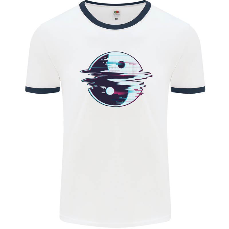 Yin Yang Glitch Yoga Meditation SCI-FI MMA Mens White Ringer T-Shirt White/Navy Blue