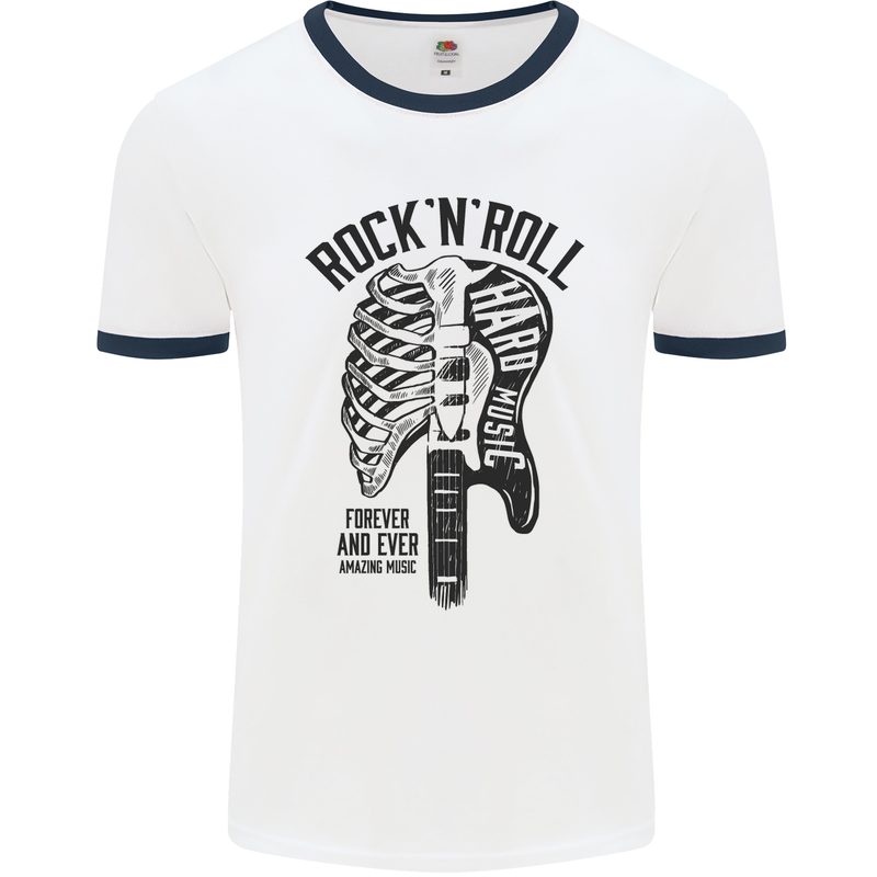 Rock N Roll Forever and Ever Guitar Mens White Ringer T-Shirt White/Navy Blue