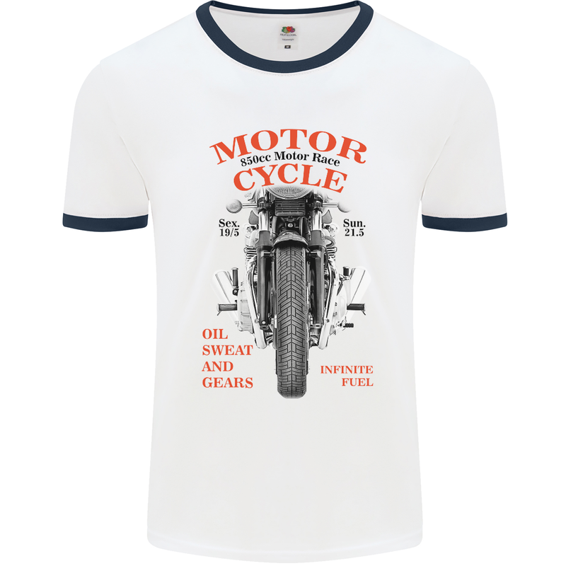 850cc Motor Race Biker Motorcycle Motorbike Mens White Ringer T-Shirt White/Navy Blue