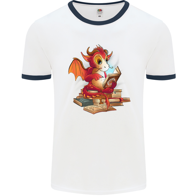 A Book Reading Dragon Bookworm Fantasy Mens Ringer T-Shirt White/Navy Blue