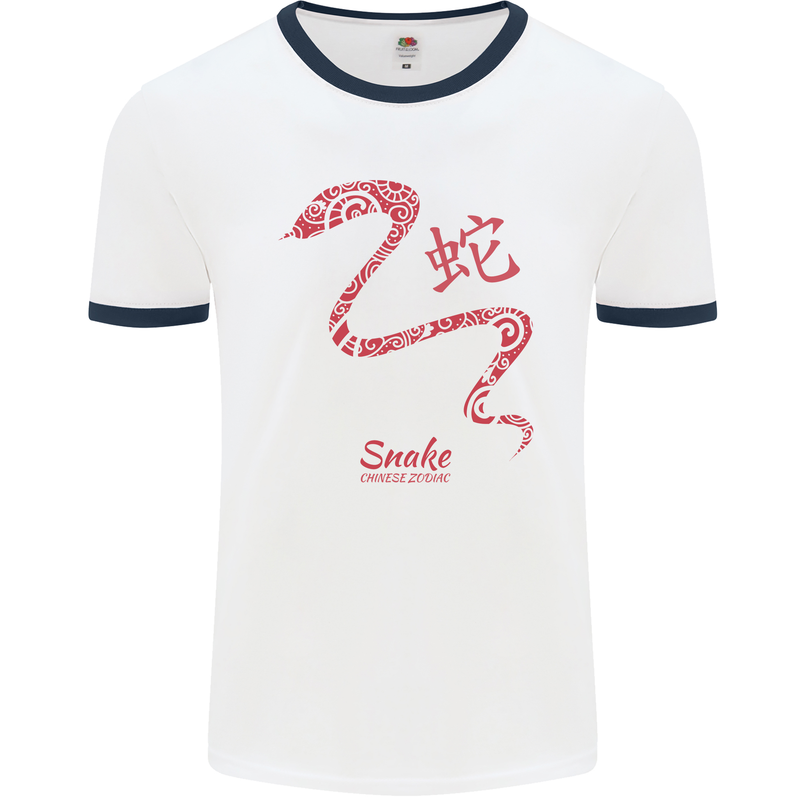 Chinese Zodiac Shengxiao Year of the Snake Mens White Ringer T-Shirt White/Navy Blue