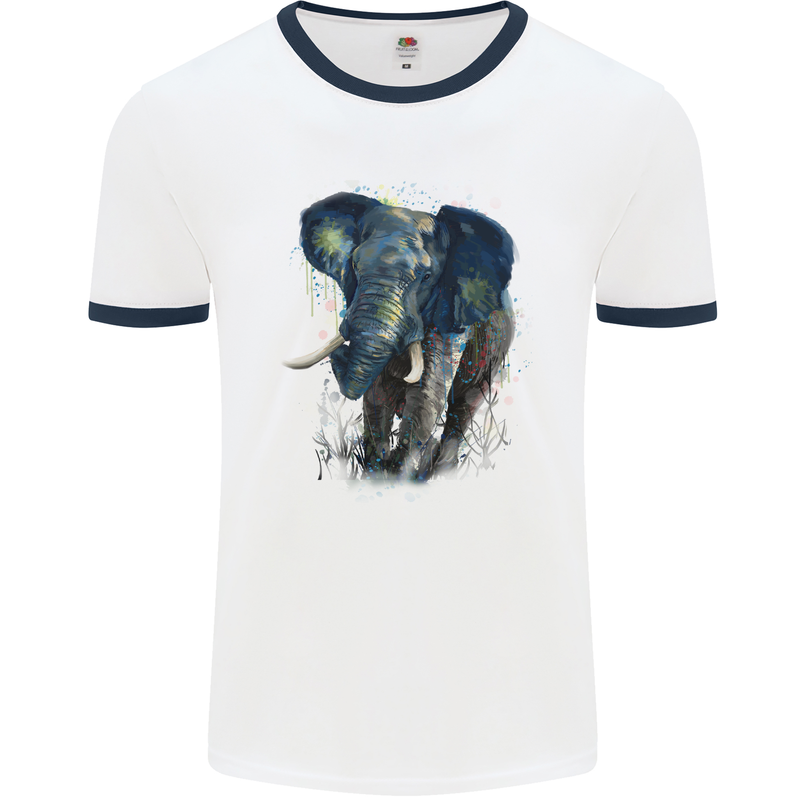 A Big Elephant Watercolour Mens White Ringer T-Shirt White/Navy Blue